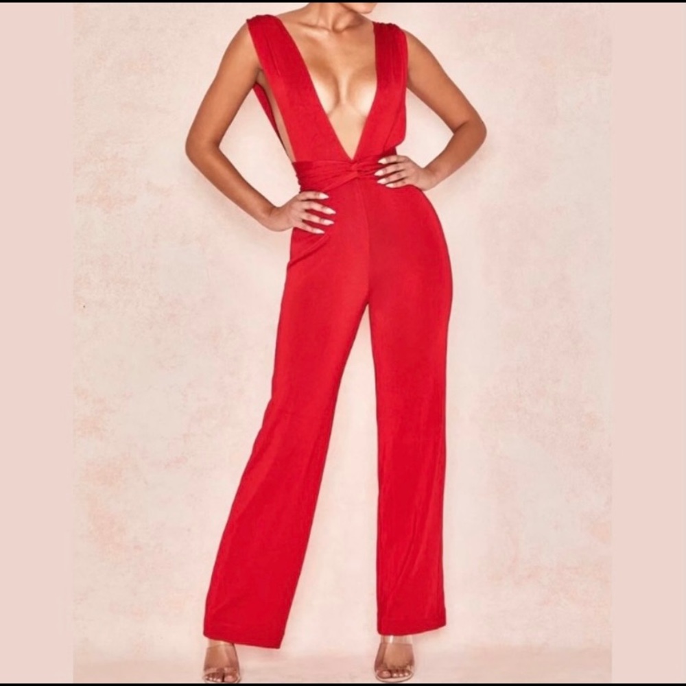 House of CB Bandage Red Plunge Jumpsuit